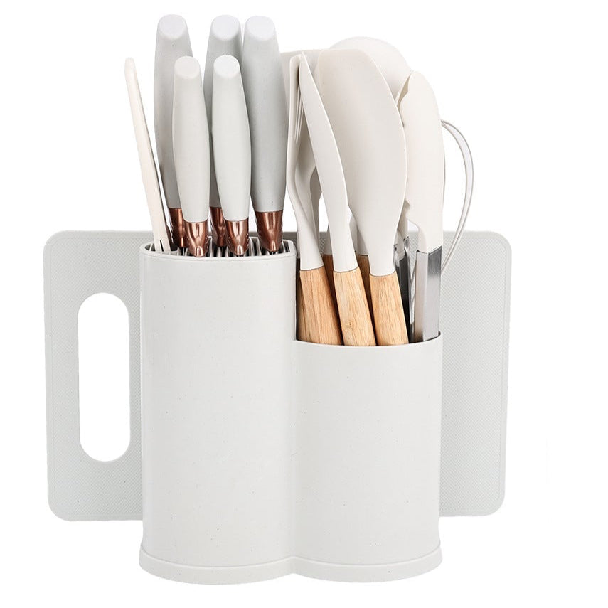 19-Piece White Silicone Kitchen Utensil Set with Wooden Handles
