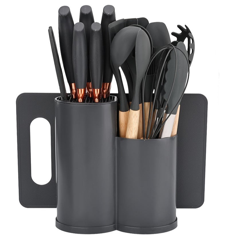 19-Piece Grey Silicone Kitchen Utensil Set with Wooden Handles