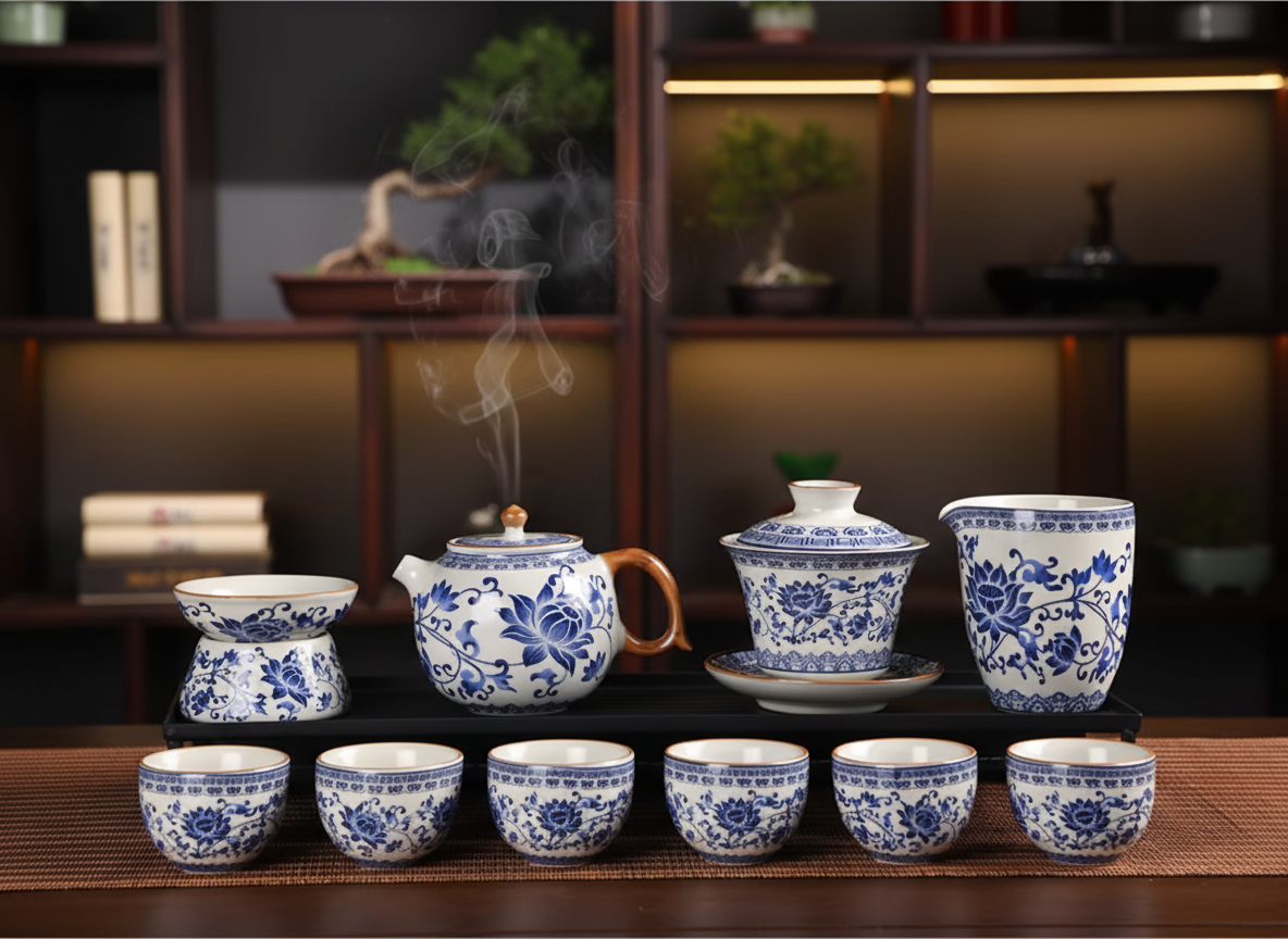 Blue & White Porcelain Gongfu Tea Set, Teapot & Cups