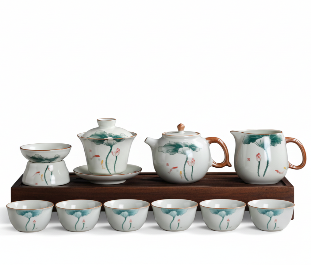 Hand‑Painted Porcelain Gongfu Tea Set, Teapot & Cups