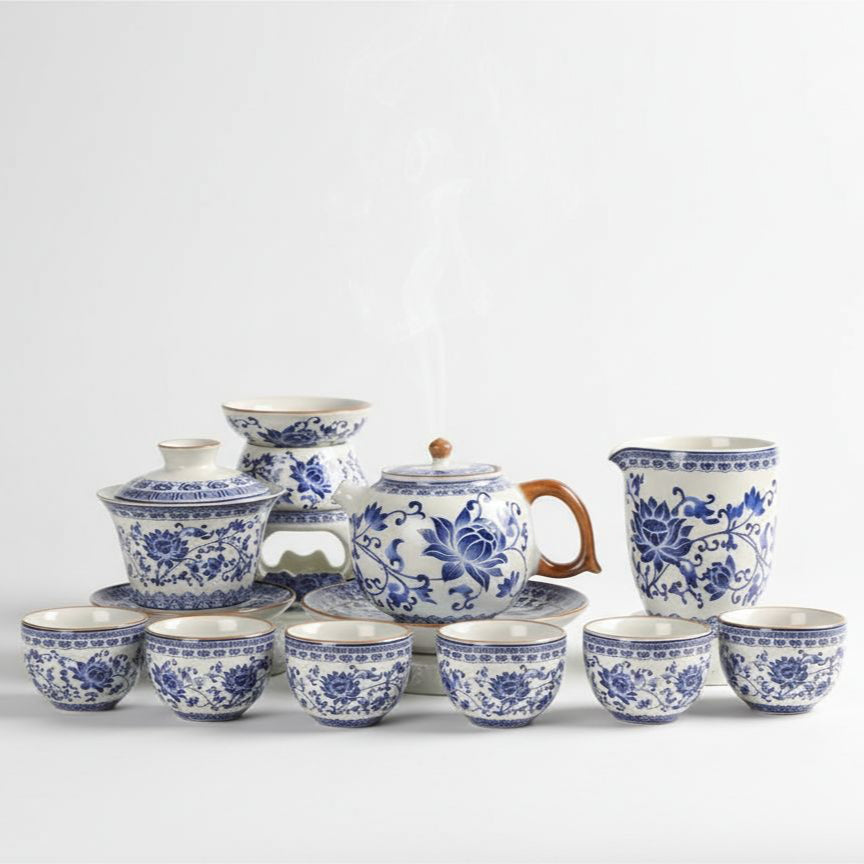 Blue & White Porcelain Gongfu Tea Set, Teapot & Cups