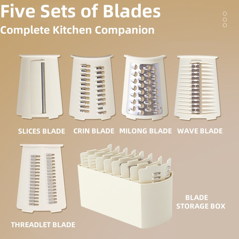 5-in-1 Rotary Vegetable Cutter & Cheese Grate – Manual Handheld Slicer with Interchangeable Blades