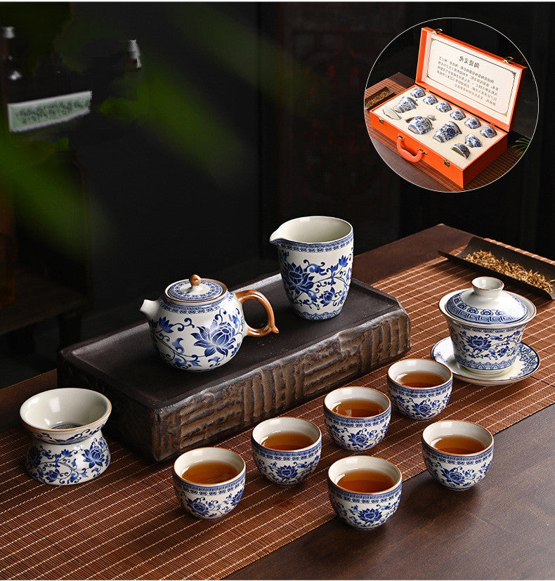 Blue & White Porcelain Gongfu Tea Set, Teapot & Cups