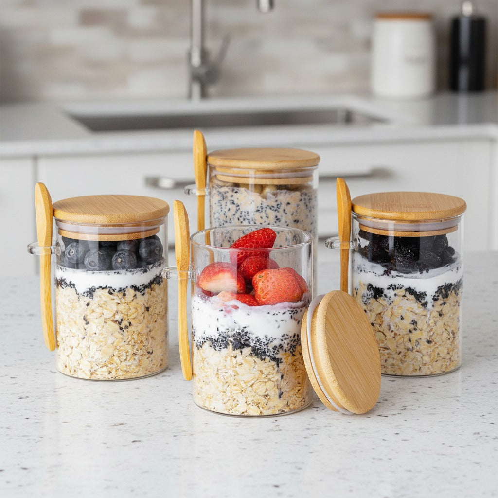 4-Piece Glass Jar Set with Bamboo Lids & Wooden Spoon