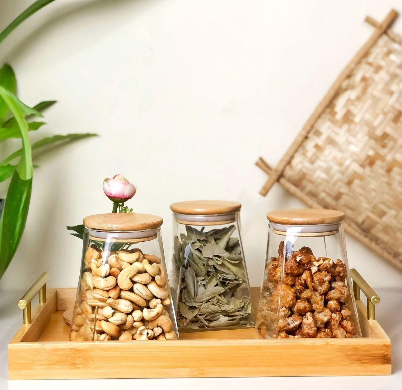 Square-Bottom Round-Top Glass Storage Jar Set with Bamboo Lid