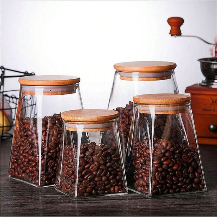 Square-Bottom Round-Top Glass Storage Jar Set with Bamboo Lid