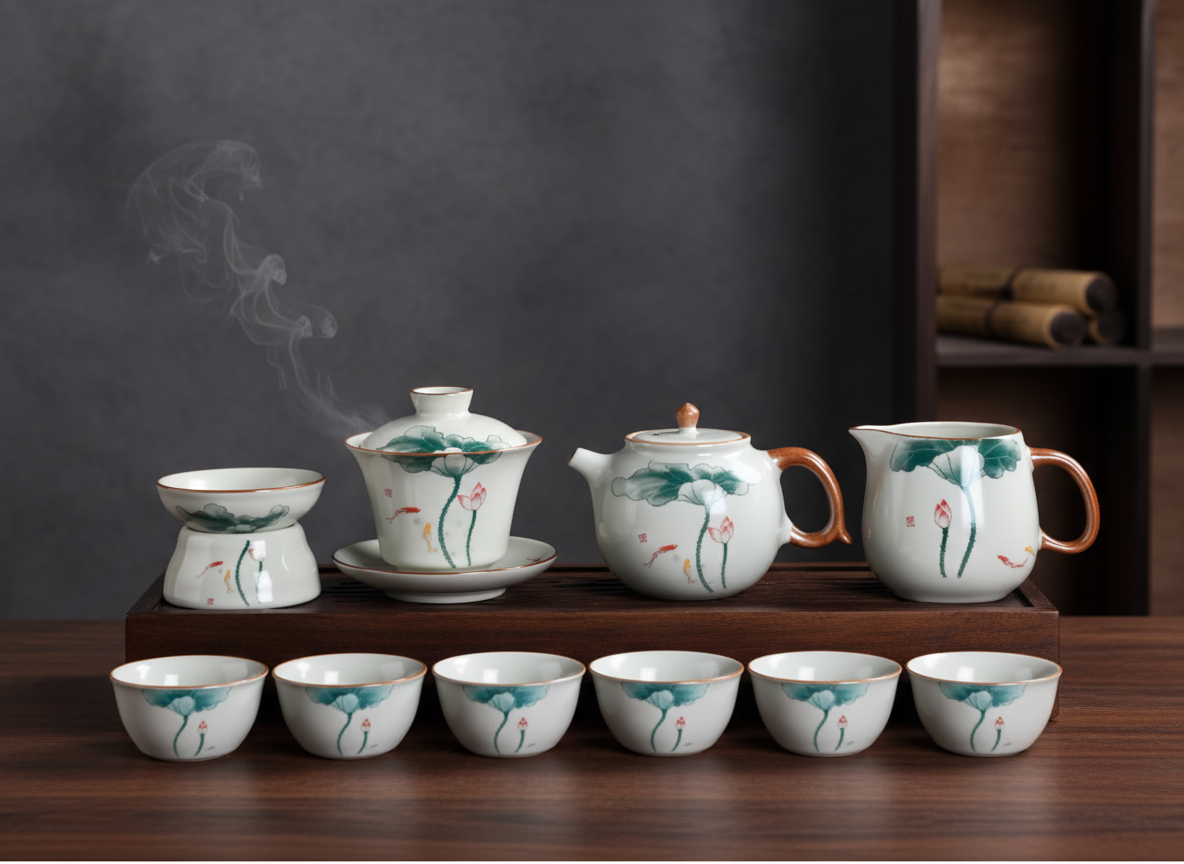 Hand‑Painted Porcelain Gongfu Tea Set, Teapot & Cups
